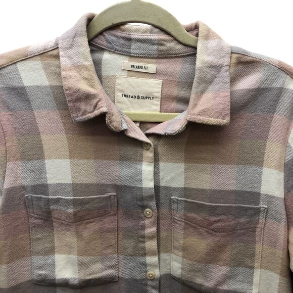 Thread & Supply Shirt Shacket Womens S Pink Gray Plaid Button Up‎ Soft Flannel - Picture 9 of 11